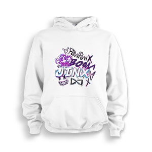 Könnte beinhalten: Weißer Hoodie mit einem lila, blauen und schwarzen Grafikdruck der Wörter "PawPaw Boom Jinx" mit einer Comicfigur in der Mitte.