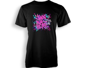 May include: Black t-shirt with a pink and blue graffiti design that says "LNX WAS HERE".