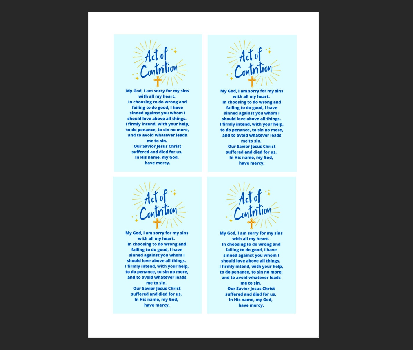 Act of Contrition Prayer Card and Handout | Basic Catholic Prayer Card ...