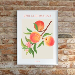 May include: A white framed print with a peach branch illustration. The print features three peaches, green leaves, and pink flowers. The text "EMILIA-ROMAGNA" and "ITALIA" are printed on the print.