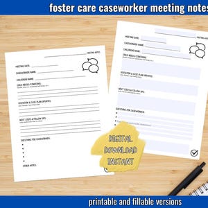 May include: Printable foster care caseworker meeting notes template. The template includes sections for meeting date, caseworker name, child's name, child's needs and concerns, visitation and case plan updates, next steps and follow ups, questions for the caseworker, and other notes.