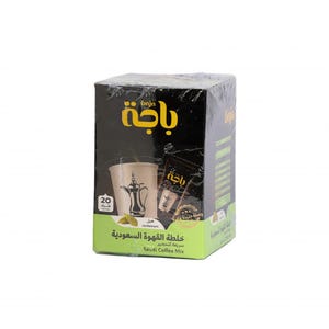 May include: A box of Baja Saudi Coffee Mix containing 20 sachets. The box is black with gold lettering and features a picture of a traditional Arabic coffee pot. The text on the box reads "Baja" and "Saudi Coffee Mix".