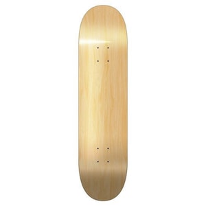 May include: A blank, natural wood skateboard deck. The deck is made of maple wood and has a rounded nose and tail.