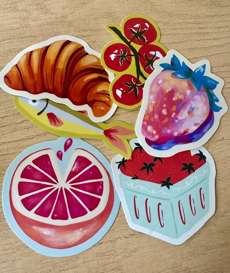 Sticker Enjoy Food 6-pack Yummy Foods Stickers Set of 6 | Tomatoes, Croissant, Fish, Blood ...