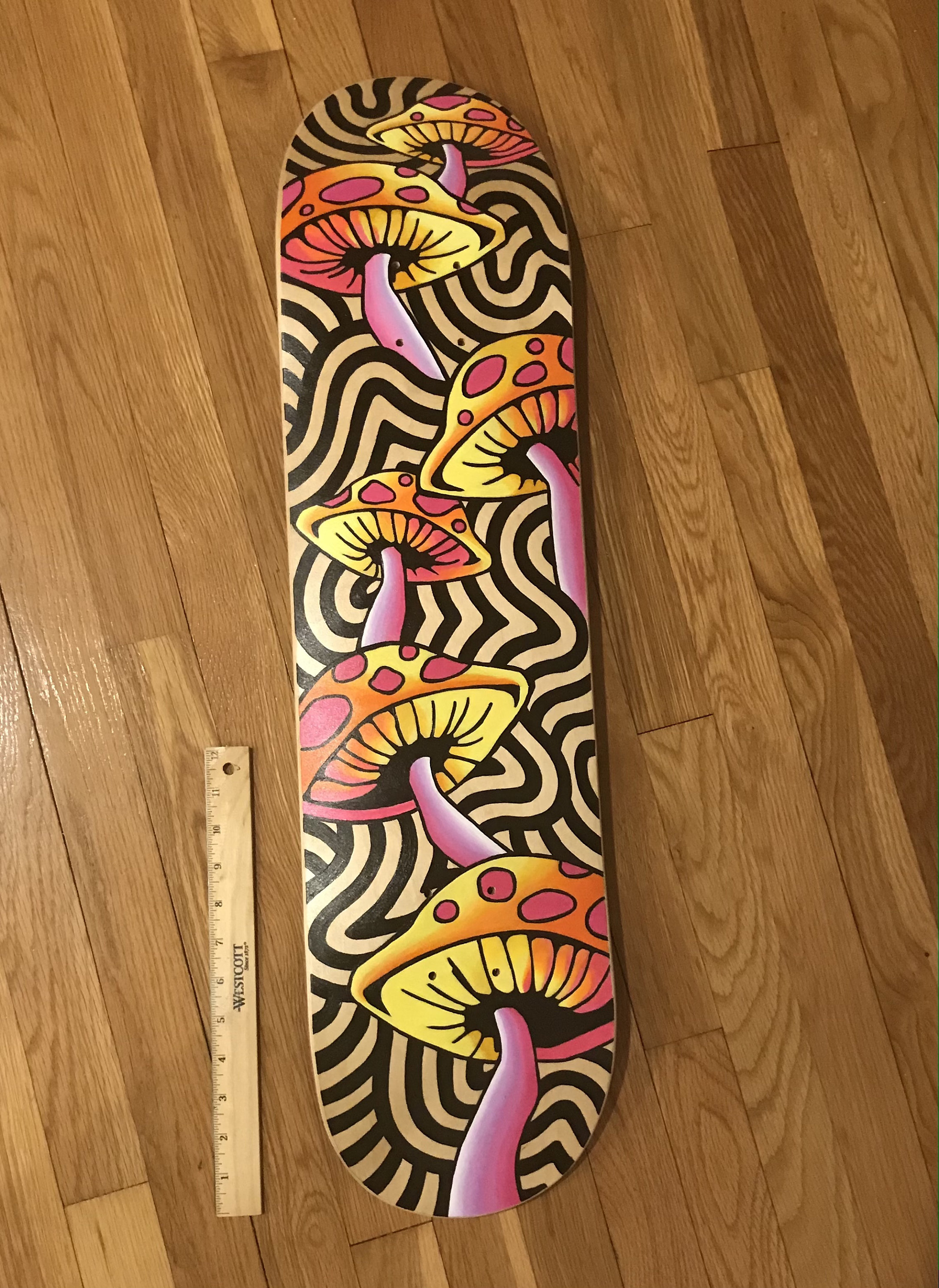 Dark renaissance skateboard art with macabre baroque painting on deck