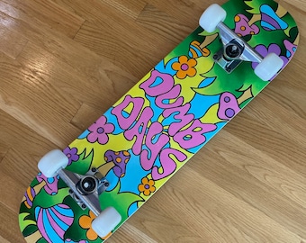 Indie Hand-Painted Skateboard with Colorful Flowers Mushrooms