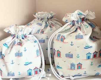Drawstring bag, toiletries bag, beach hut holiday bag, wash bag