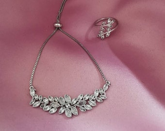 Silver diamanté ivy leaf slider bracelet, ivy adjustable ring, ivy jewelry, silver jewellery set, prom, wedding jewelry, ivy, leaves, leaves