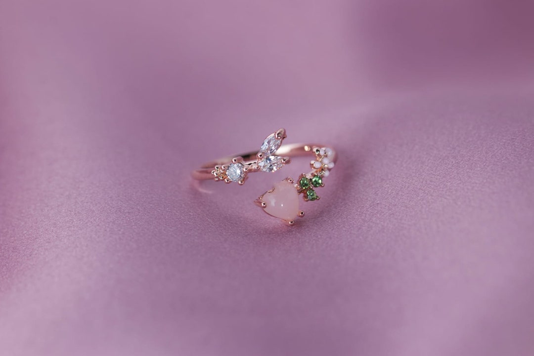 Rose Gold, Adjustable Ring, Diamantés Ring, Pink Heart, Flower