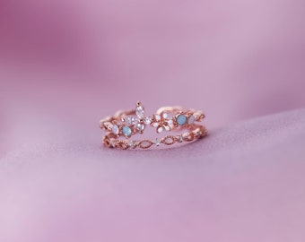 Rose Gold adjustable ring in pink, blue and clear diamanté’s with butterfly and flower design, gift for her, blue diamante ring, flowers