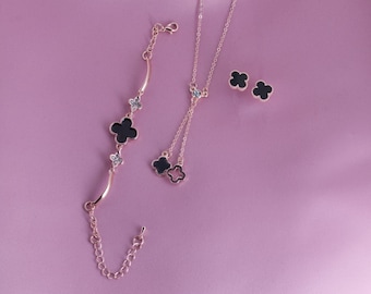 Rose Gold & black, clover jewellery set, black clover, rose gold clover, wedding jewellery, prom jewellery, clover earrings, clover necklace