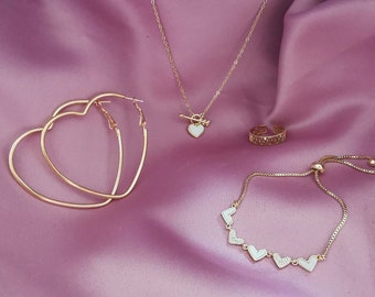 Gold diamanté heart jewellery set, gold earrings, gold necklace, heart jewelry, prom jewellery, wedding Jewellery, heart Jewelry, hearts