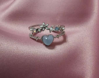 Silver adjustable ring, blue ring, pearl and clear diamanté’s, flower design, adjustable ring, resizable ring, blue heart, silver and blue