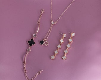 Rose Gold & noir, ensemble de bijoux de trèfle, trèfle noir, trèfle en or rose, bijoux de mariage, bijoux de bal, boucles d’oreilles en trèfle, collier de trèfle