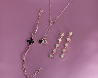Rose Gold & black, clover jewellery set, black clover, rose gold clover, wedding jewellery, prom jewellery, clover earrings, clover necklace