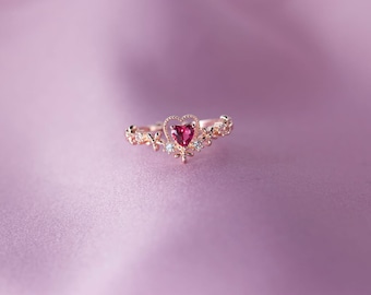 Bague en or rose, bague réglable, cœur rose, fleurs en or, bague diamanté, cœur rouge, bague princesse, bague aurore, cadeau pour elle, Saint-Valentin