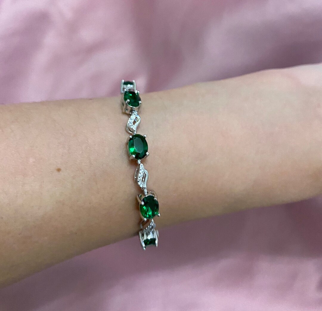 Silver, Emerald Bracelet, Lab Created Emeralds, Silver Bracelet, Silver