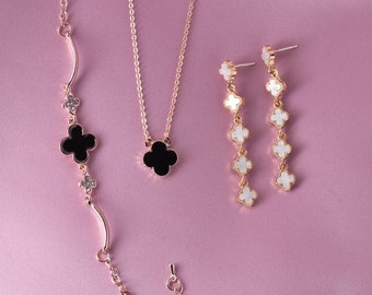 Rose Gold & black, clover jewellery set, black clover, rose gold clover, wedding jewellery, prom jewellery, clover earrings, clover necklace