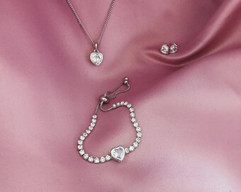 Silver heart, necklace, slider bracelet, silver jewellery set, hearts, heart jewellery set, diamante, silver slider bracelet silver necklace