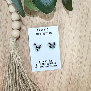 Handcrafted Mouse earrings with green, purple and black fake sprinkles