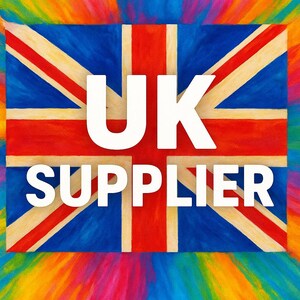 May include: A rectangular graphic featuring the Union Jack flag in red, white, and blue, surrounded by a vibrant rainbow-colored border. The bold white text "UK SUPPLIER" is centered prominently across the middle of the flag design.