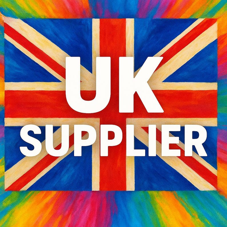 May include: A rectangular graphic featuring the Union Jack flag in red, white, and blue, surrounded by a vibrant rainbow-colored border. The bold white text "UK SUPPLIER" is centered prominently across the middle of the flag design.