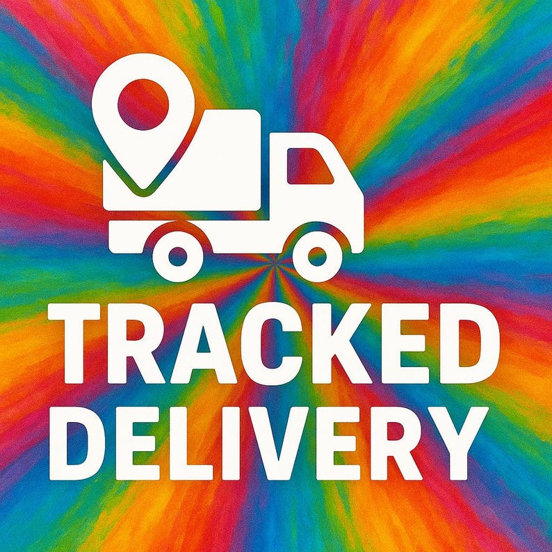 May include: A white graphic icon of a delivery truck with a location pin symbol above it, centered on a vibrant, multi-colored tie-dye background. The text TRACKED DELIVERY is printed in bold white capital letters below the truck icon.