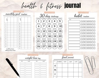 Hälso- och fitnessjournal utskrivbar - hälso- och wellnessplanerare - hälsospårare - viktminskningsdagbok digital nedladdning - papperskopia