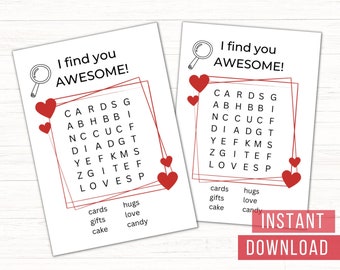 Valentine word search- Printable Valentines- Instant Download