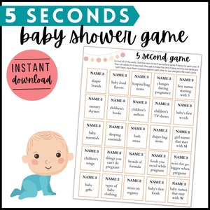 May include: A printable baby shower game with a pink and peach color scheme. The game is called "5 Second Game" and has a grid of 30 squares with different baby-related topics for guests to name in 5 seconds. The game includes a cartoon illustration of a baby crawling.