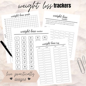 K&ouml;nnte beinhalten: Druckbare Gewichtsverlust-Tracker-Bl&auml;tter mit einem Rasterdiagramm, einem nummerierten Tracker und einem Gewichtsverlust-Protokoll. Die Bl&auml;tter sind schwarzwei&szlig; und haben ein schlichtes Design.