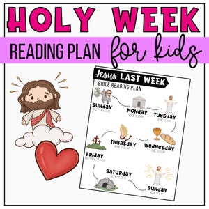 Könnte beinhalten: Ein farbenfroher druckbarer Leseplan für Kinder über die letzte Woche Jesu. Der Plan beinhaltet eine tägliche Bibellesung für jeden Tag der Karwoche, von Palmsonntag bis Ostersonntag. Das Bild zeigt einen Comic-Jesus mit Heiligenschein und einem roten Herzen.