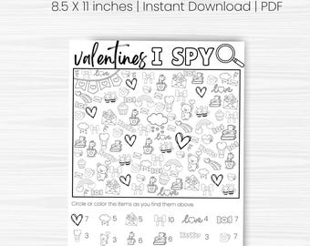 May include: A black and white printable Valentine's Day I Spy page with a magnifying glass. The page features a variety of Valentine's Day themed images, including hearts, bows, cupcakes, and teddy bears. The page also includes a list of items to find, with numbers next to each item.