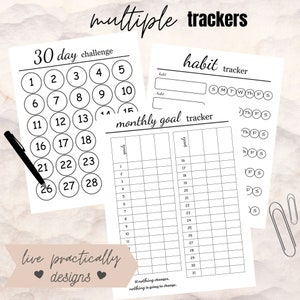 K&ouml;nnte beinhalten: Ein druckbares Blatt mit drei verschiedenen Trackern: einem 30-Tage-Challenge-Tracker, einem Habit-Tracker und einem monatlichen Ziel-Tracker. Die Tracker sind schwarzwei&szlig; und haben ein schlichtes Design.