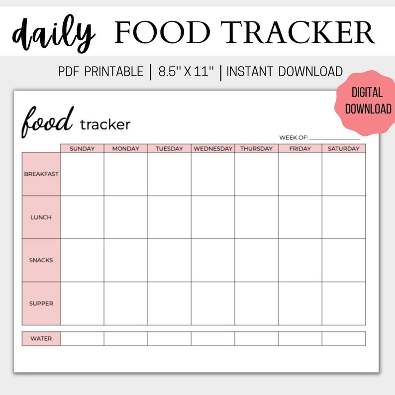 Food Tracker Printable, Printable Daily Food Journal, Meal Tracker