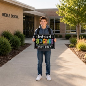 May include: A rectangular black chalkboard sign with colorful text that reads first day of 8TH GRADE, HERE WE GROW DREAM LEARN, and 2026-2027. The sign features decorative stars and lines, held by a student wearing a blue hoodie and blue jeans.