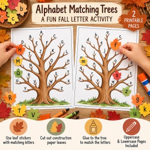Puede incluir: Dos páginas imprimibles tituladas Alphabet Matching Trees A Fun Fall Letter Activity con ilustraciones de árboles con letras mayúsculas y minúsculas. La actividad incluye recortes de hojas de papel de colores con letras.
