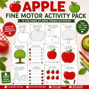 May include: An Apple Fine Motor Activity Pack featuring 12 printable pages with apple-themed exercises. The sheets include tracing, cutting, dot marker, and lacing activities, all designed for preschool and kindergarten educational development.