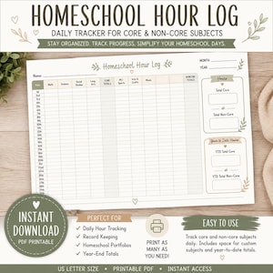 Könnte beinhalten: Ein ausdruckbares Homeschooling-Stundenprotokoll mit einem Raster für tägliche Lernstunden, inklusive Spalten für Mathematik, Naturwissenschaften, Sozialkunde und Sprachfächer sowie Abschnitten für monatliche und jährliche Gesamtsummen.