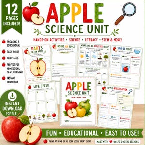 May include: An Apple Science Unit educational printable set featuring 12 pages of activities including parts of an apple, life cycle, and investigation worksheets. The design includes red and green apple illustrations and a magnifying glass icon.