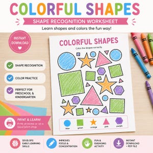Könnte beinhalten: Ein Arbeitsblatt zur Formenerkennung mit dem Titel COLORFUL SHAPES, das verschiedene geometrische Figuren wie Kreise, Quadrate, Dreiecke, Sterne und Sechsecke zeigt. Das Blatt enthält Umrisse zum Ausmalen, eine Farblegende und den Text SHAPE RECOGNITION WORKSHEET.