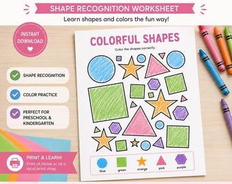 Color Matching Shapes Worksheet | Preschool Shape Recognition Printable | Kindergarten Colors Activity | Homeschool PDF | Instant Download