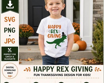 May include: A white short-sleeved t-shirt featuring a green dinosaur wearing a black pilgrim hat. The text above the dinosaur reads Happy Rex Giving in orange and green letters. The design is centered on the front of the shirt.