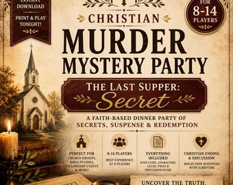 Op de afbeelding: Een christelijk moordmysterie-partyspel getiteld The Last Supper: Secret. Het ontwerp bevat een kerkillustratie, een kaars, een vergrootglas en tekst die aangeeft dat het voor 8-14 spelers is, een directe download en een gastheergids.