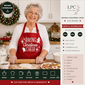 Puede incluir: Un delantal rojo con texto blanco que dice BAKING CHRISTMAS CHEER, acompañado de un icono de hombre de jengibre blanco y estrellas. El delantal se lleva sobre una camisa blanca de manga larga, con un rodillo sobre una masa.