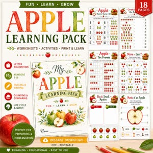 Op de afbeelding: Een 18-pagina tellend appel-leerpakket met educatieve werkbladen voor de voorschool en kleuterschool. De omslag toont de titel My Apple Learning Pack met aquarelillustraties van appels, terwijl de binnenpagina's oefeningen bevatten voor het overtrekken van cijfers, tellen en diagrammen over de anatomie van een appel.