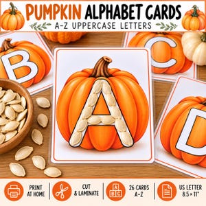 Peut inclure: Un ensemble de cartes alphabet citrouille éducatives avec des lettres majuscules de A à Z. Chaque carte montre une grande citrouille orange avec une lettre formée par des graines de citrouille. Le lot comprend 26 cartes au format 21,59 x 27,94 cm.