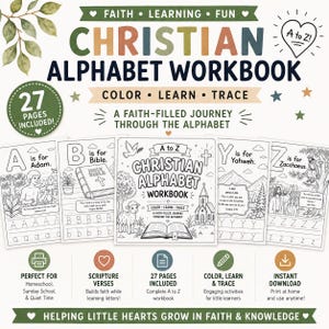 Puede incluir: Un libro de ejercicios del alfabeto cristiano con 27 páginas para colorear, aprender y trazar letras. La portada muestra el título, un cordero, una iglesia y un libro abierto. Las páginas interiores muestran las letras A, B, Y y Z con dibujos.