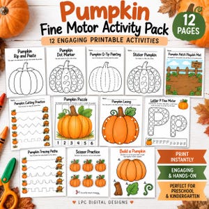 Puede incluir: Un paquete de actividades de motricidad fina con temática de calabaza que incluye 12 páginas imprimibles con ejercicios variados como recortar, colorear con puntos, pintar con bastoncillos, pegatinas, puzzles y trazado.