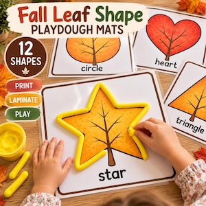 May include: Fall Leaf Shape Playdough Mats featuring 12 shapes including circle, heart, triangle, and star. The set includes laminated cards with leaf illustrations and labels, a yellow container of playdough, and yellow dough sticks.
